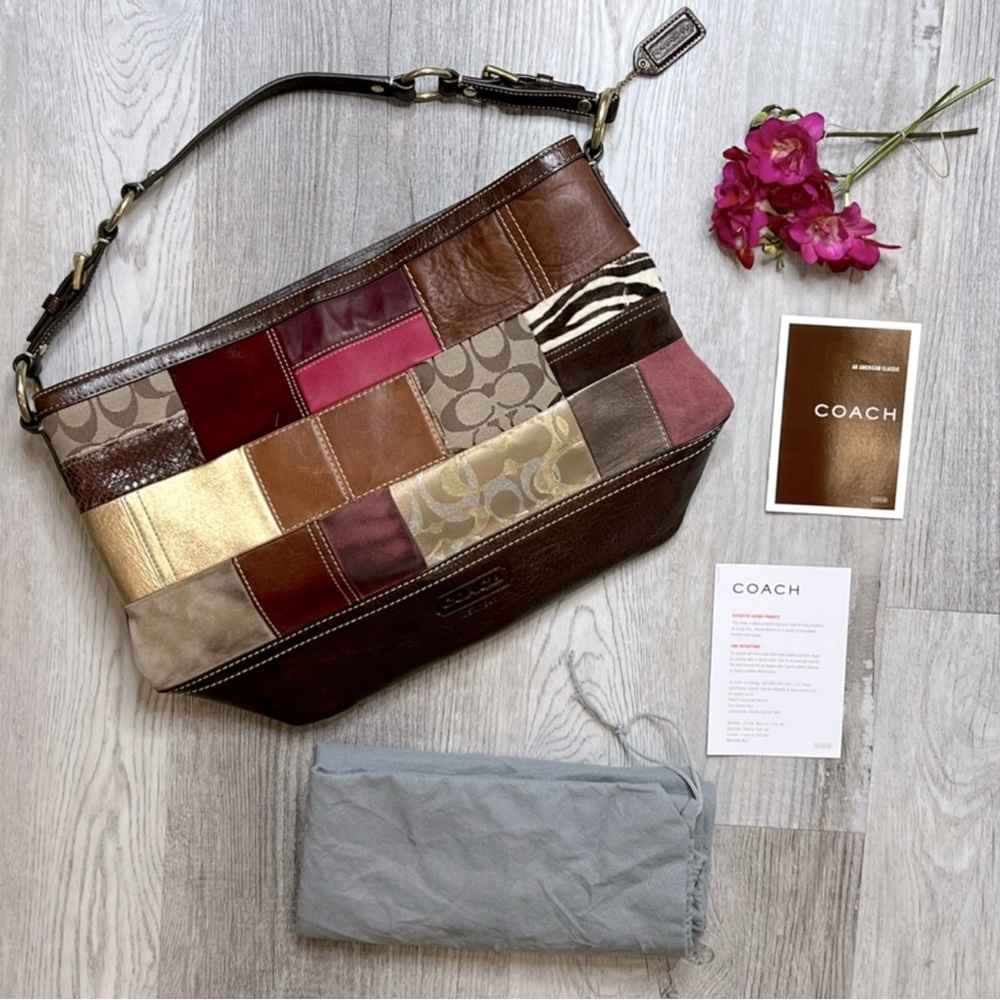 Coach Patchwork Shoulder Bag - Brown, Gold, Red
